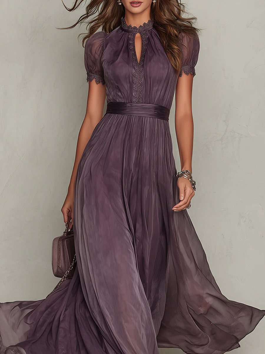 Robe Longue Femme Chiffon Fluide Col Goutte Dentelle Coupe Élégante