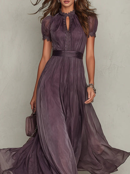 Robe Longue Femme Chiffon Fluide Col Goutte Dentelle Coupe Élégante