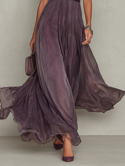 Robe Longue Femme Chiffon Fluide Col Goutte Dentelle Coupe Élégante