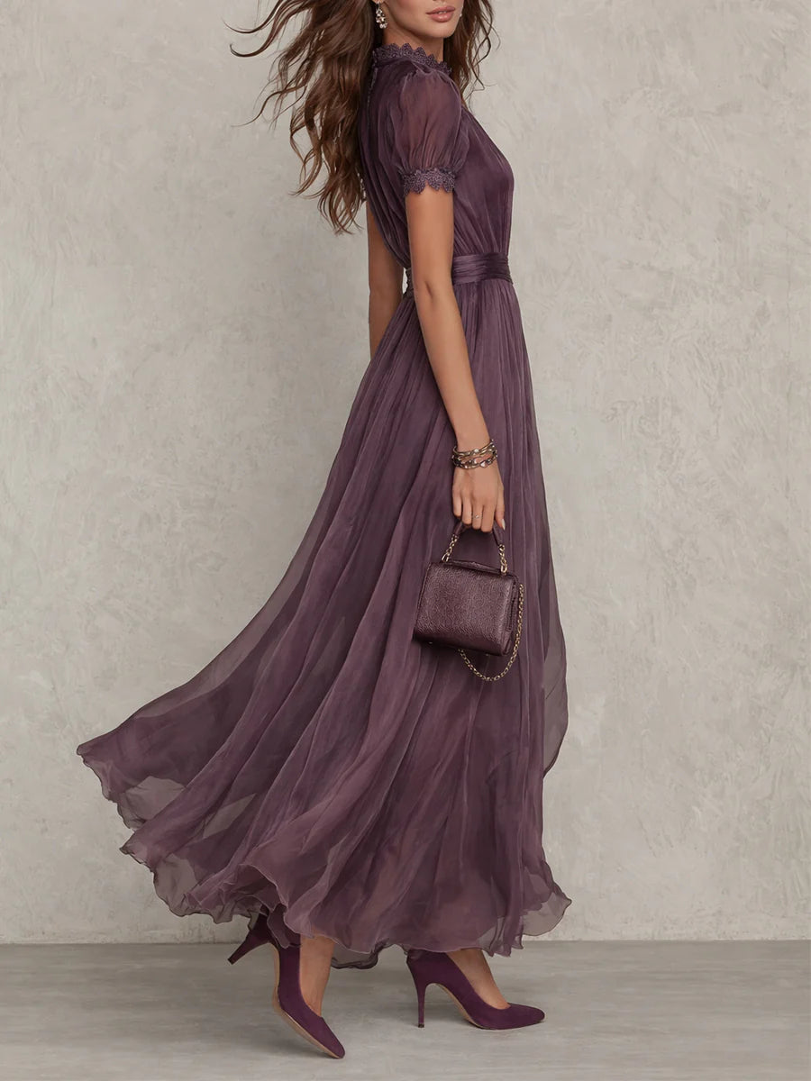 Robe Longue Femme Chiffon Fluide Col Goutte Dentelle Coupe Élégante