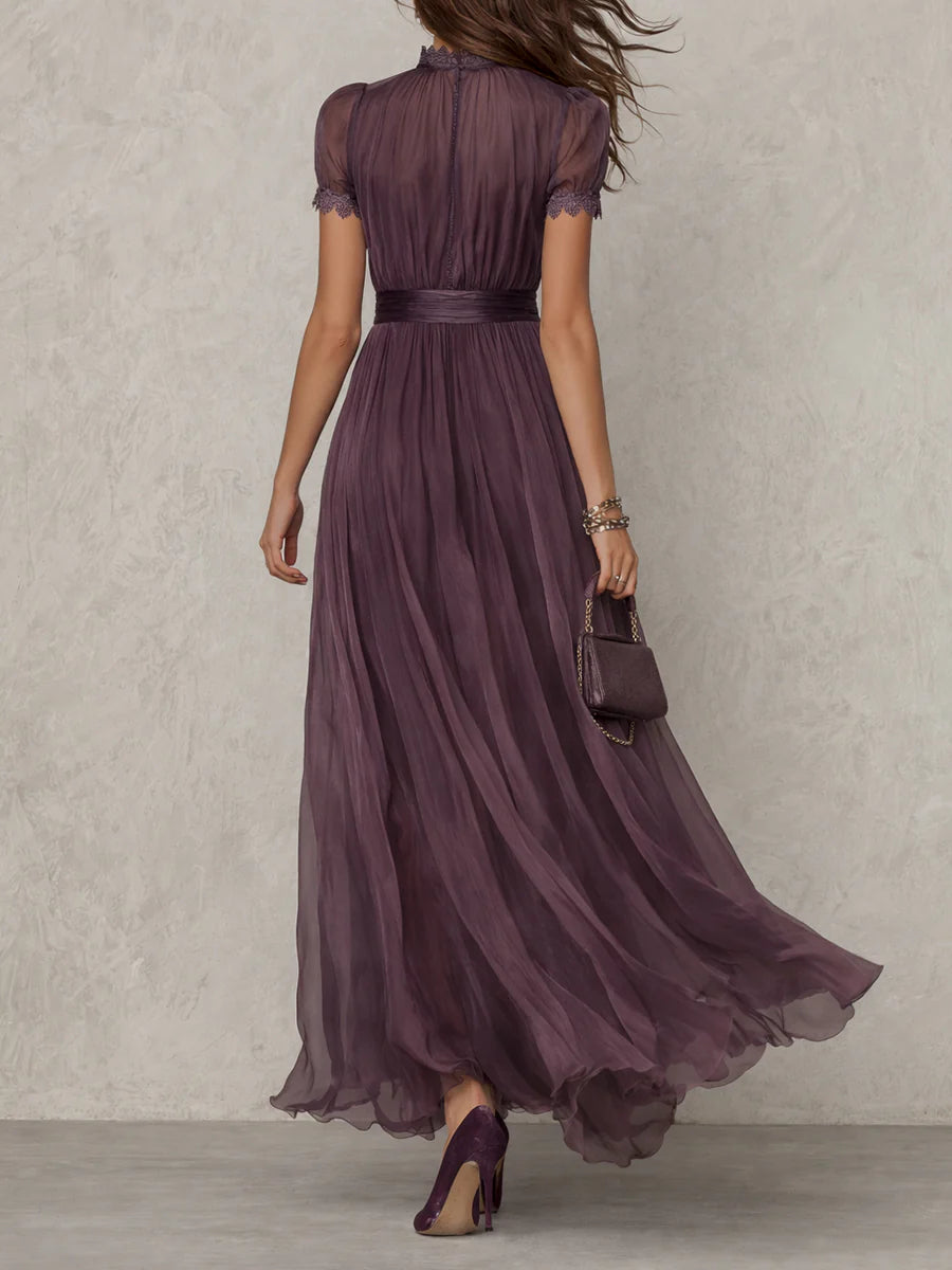 Robe Longue Femme Chiffon Fluide Col Goutte Dentelle Coupe Élégante