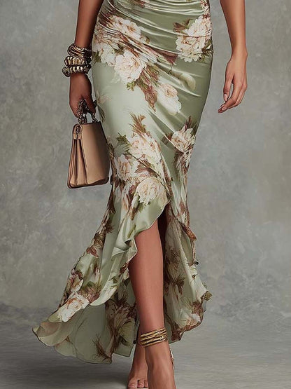 Robe longue Femme Satin Imprimé Floral Col en V