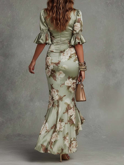 Robe longue Femme Satin Imprimé Floral Col en V