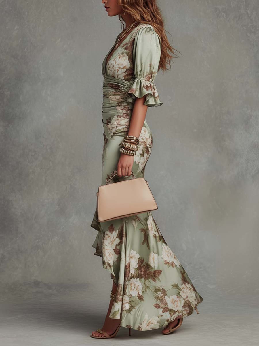 Robe longue Femme Satin Imprimé Floral Col en V