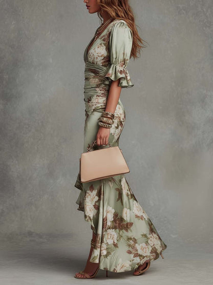 Robe longue Femme Satin Imprimé Floral Col en V