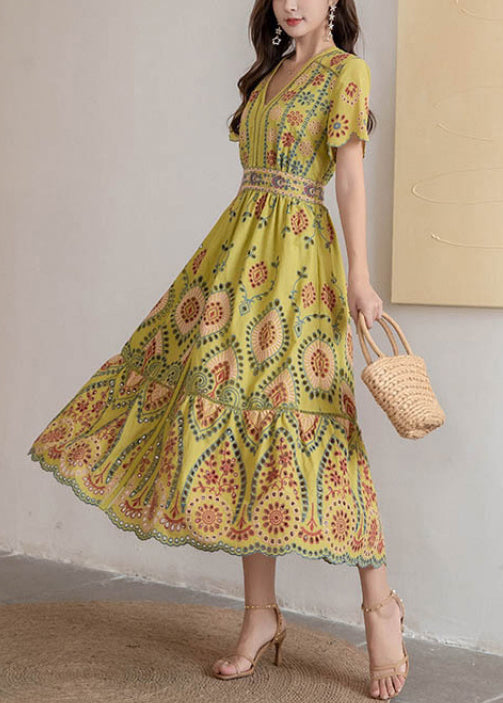 Robe d'été légère en coton jaune col V - EasyApparels