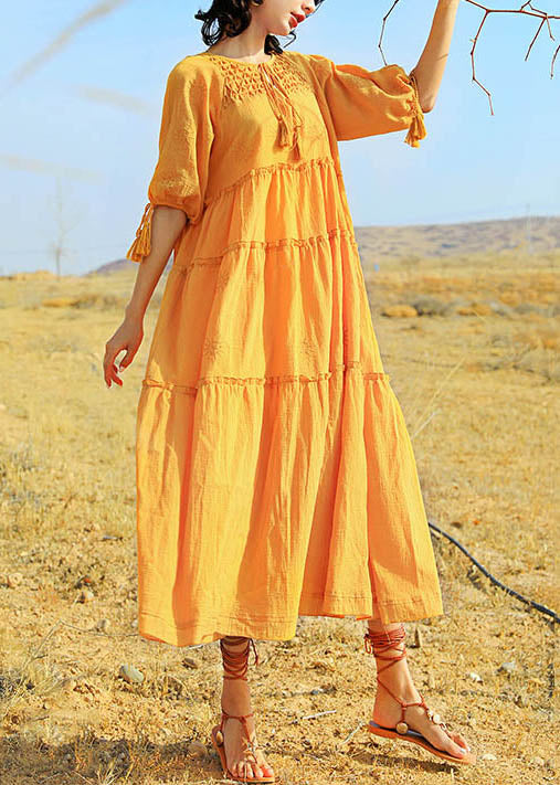 Robe d'été légère jaune en coton avec lacets - EasyApparels
