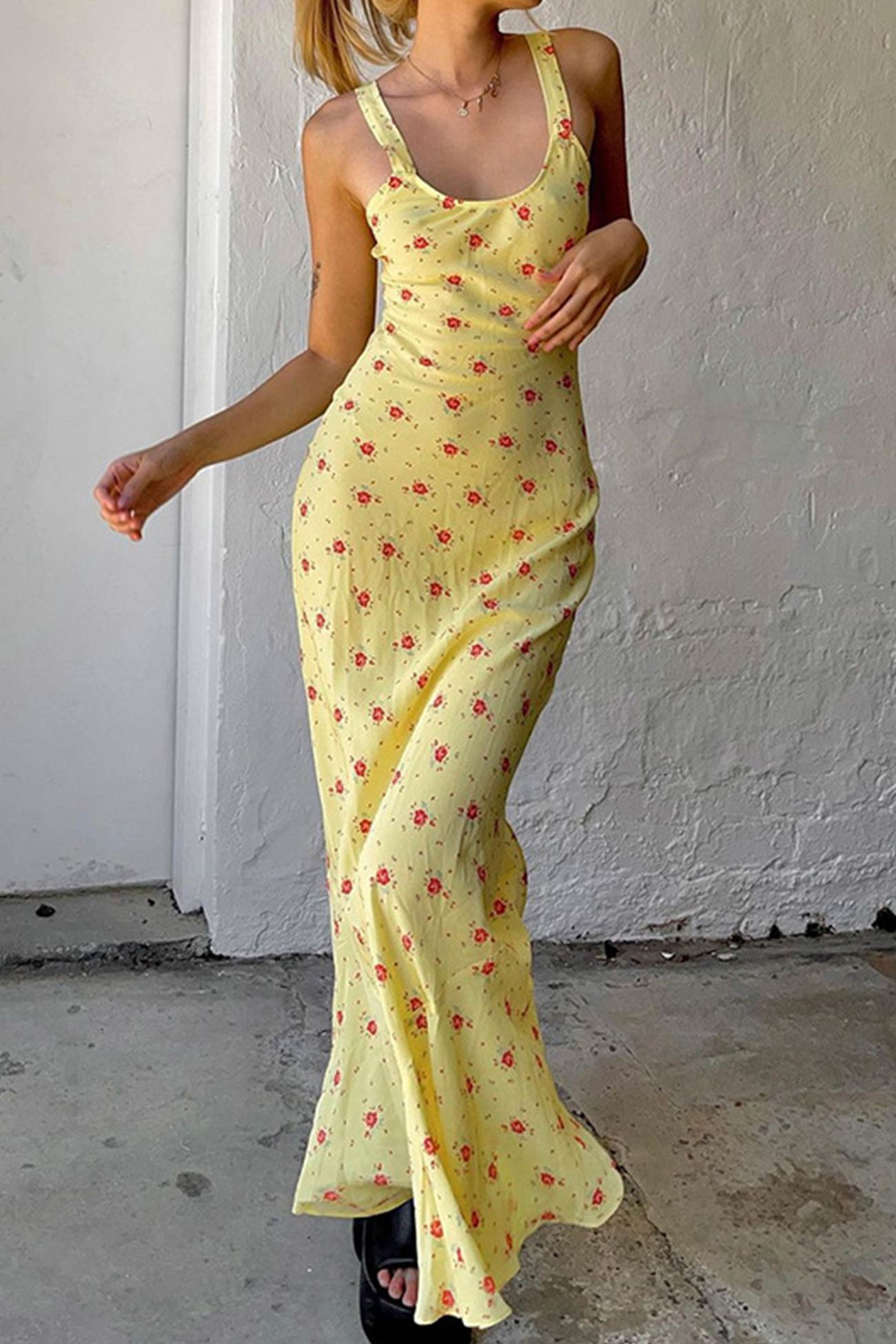 Robe Été Élégante Décolletée Jaune Fleuri pour Femme - PanierRoyale