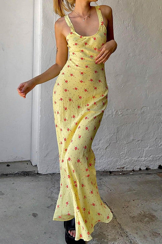 Robe Été Élégante Décolletée Jaune Fleuri pour Femme - PanierRoyale