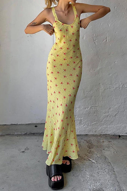 Robe Été Élégante Décolletée Jaune Fleuri pour Femme