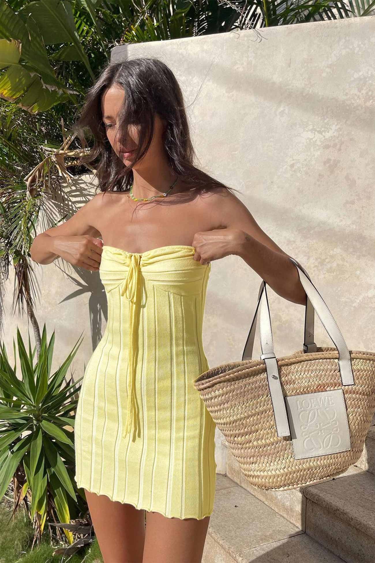 Robe Été Jaune Citron Col V en Dentelle - PanierRoyale