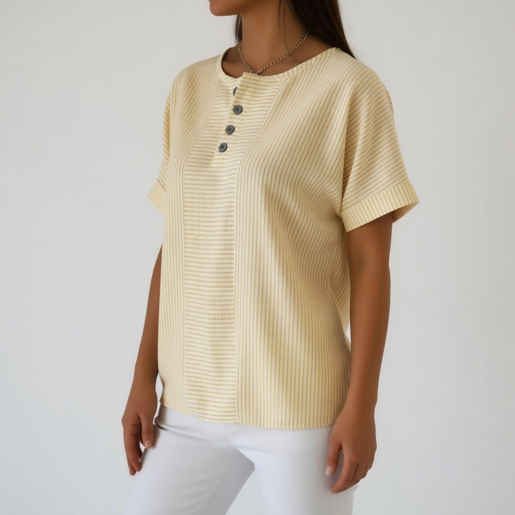 Chemisier Femme Lin Rayé Manches Courtes Col Rond Boutonné