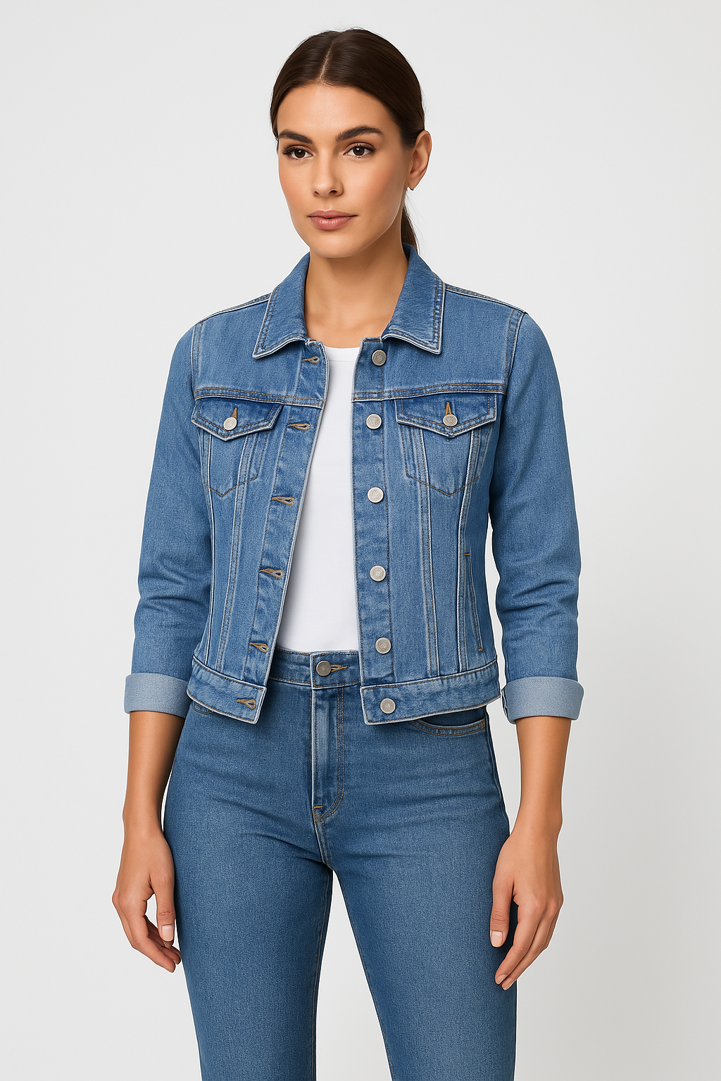 Veste denim féminine élégante en coton robuste avec col tailleur - PanierRoyale