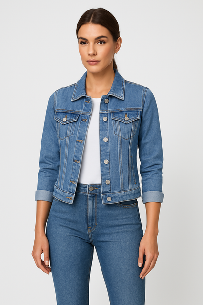 Veste denim féminine élégante en coton robuste avec col tailleur - PanierRoyale