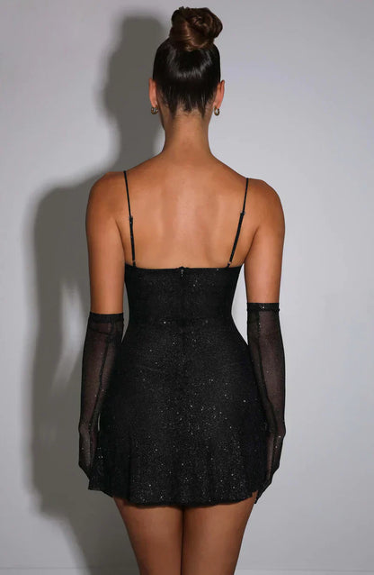 Robe Mini Glamour avec Gants de Soirée