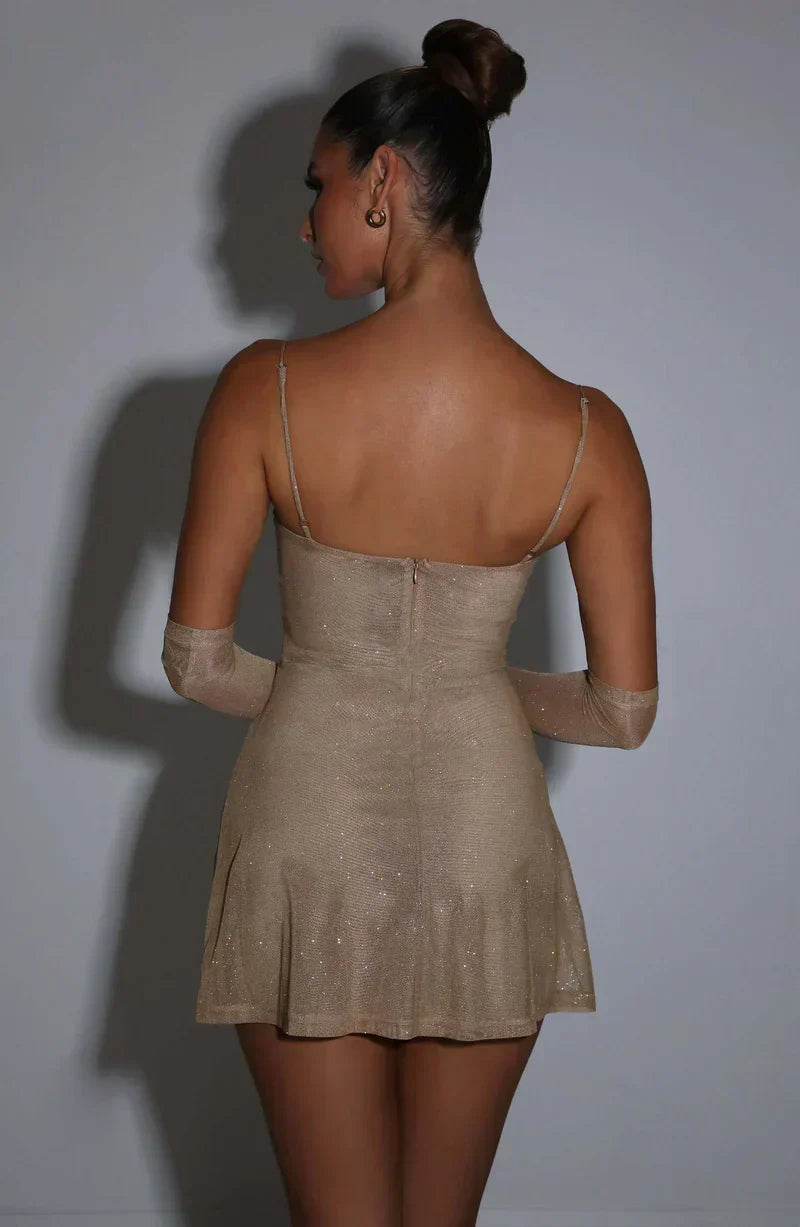 Robe Mini Glamour avec Gants de Soirée