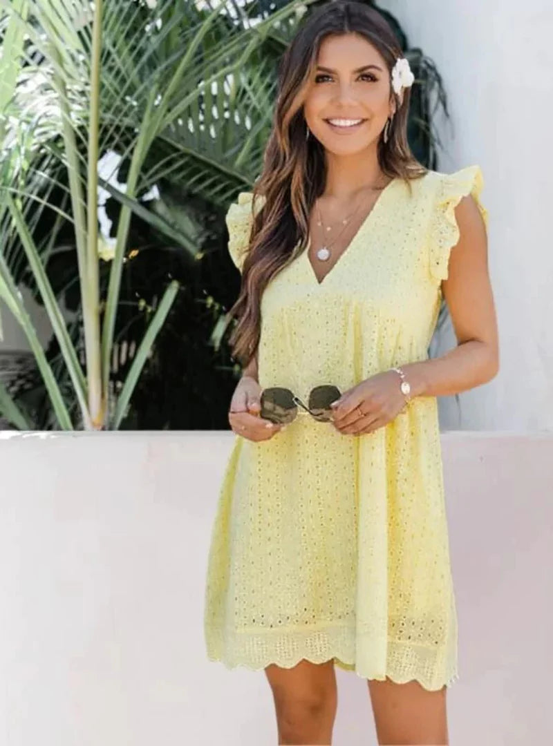 Robe Été Décolleté en V avec Dentelle, Coupe Dégagée