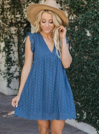 Robe Été Décolleté en V avec Dentelle, Coupe Dégagée