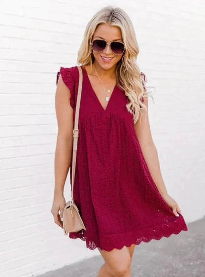 Robe Été Décolleté en V avec Dentelle, Coupe Dégagée