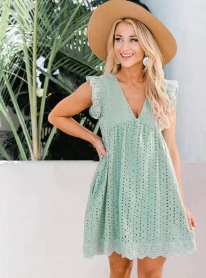 Robe Été Décolleté en V avec Dentelle, Coupe Dégagée