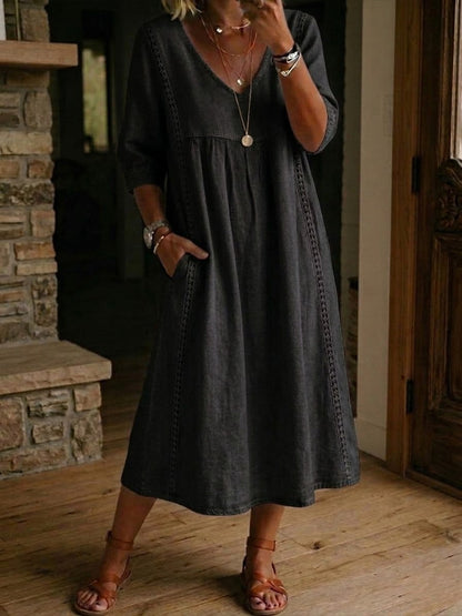 Robe Femme Coton Lin avec Dentelle Col en V