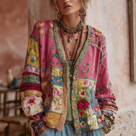 Cardigan Femme Patchwork Coton Col V Style Bohème - PanierRoyale