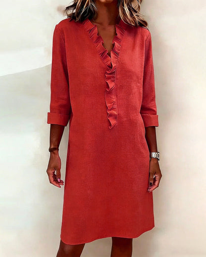 Robe Femme Col en V Volants Coupe Droite Décontractée