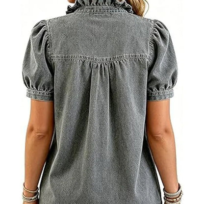 Haut Femme Denim Col Volanté Manches Bouffantes