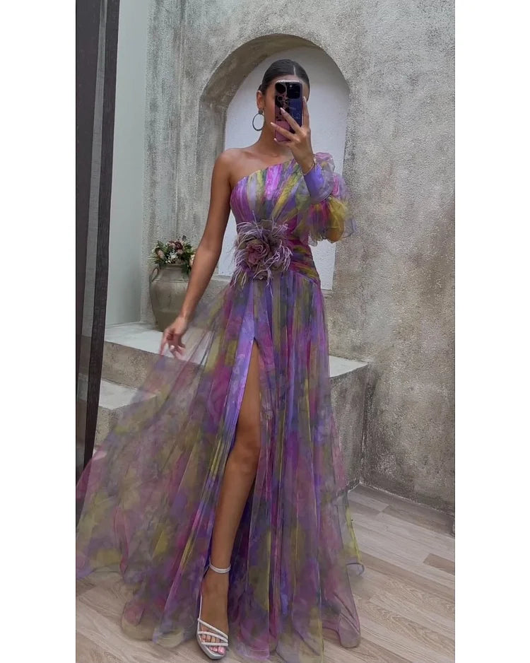 Robe Soirée Asymétrique en Longueur Maxi avec Fleur et Fente