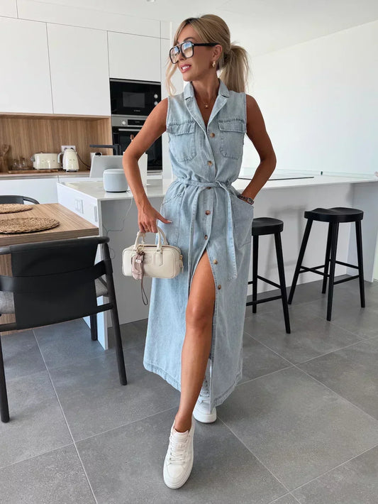 Robe Jean Dénim Longue avec Bretelles Détachables - PanierRoyale