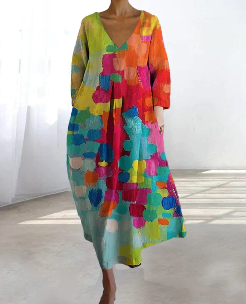Robe Femme Imprimé Abstrait Coupe Droite Manches Longues
