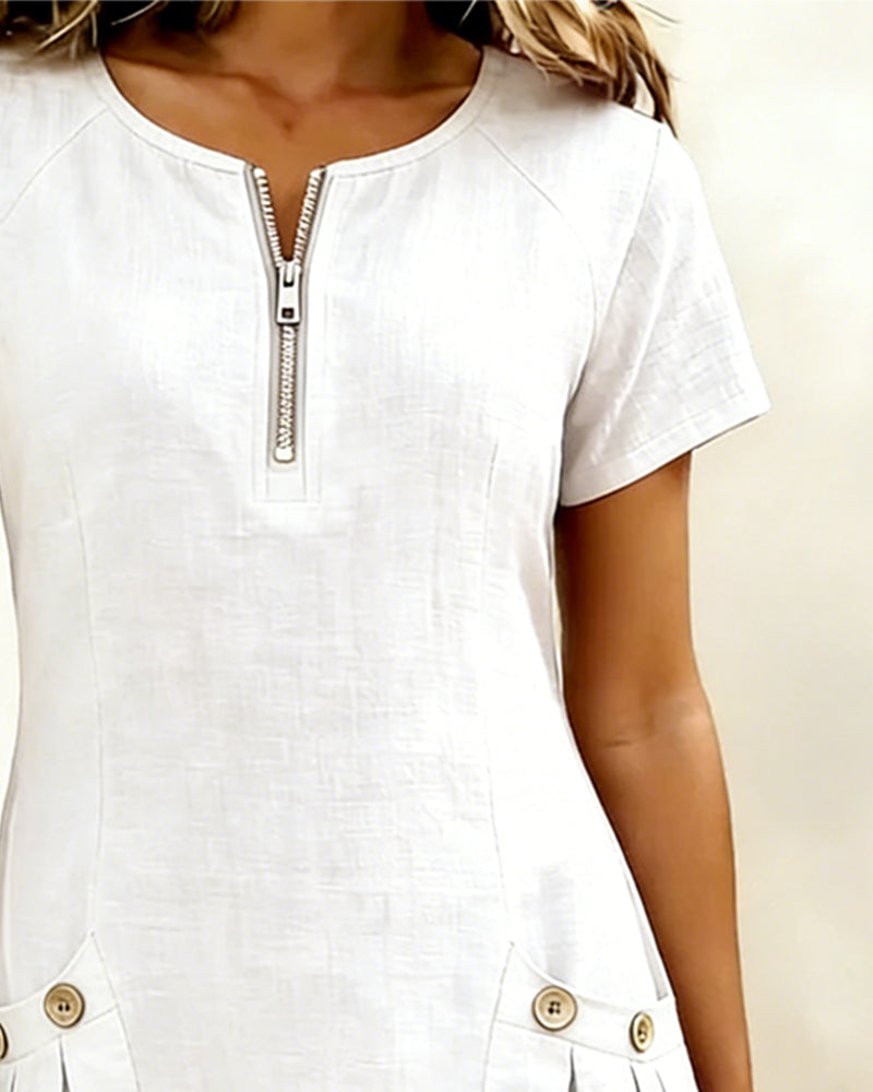 Robe Courte Femme Poches Col Zippé Moderne
