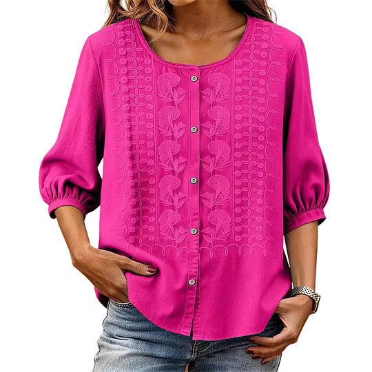 Blouse Femme Coton Lin Brodée Manches Longues