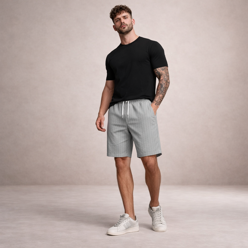 Short Homme Lin Mélangé Taille Cordon Coupe Décontractée