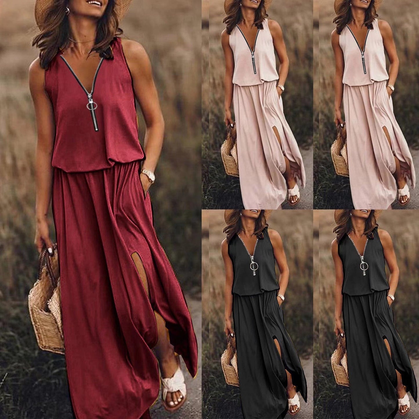 Robe Longue Femme Fluide Col V Zippée Coupe Ample Fendue