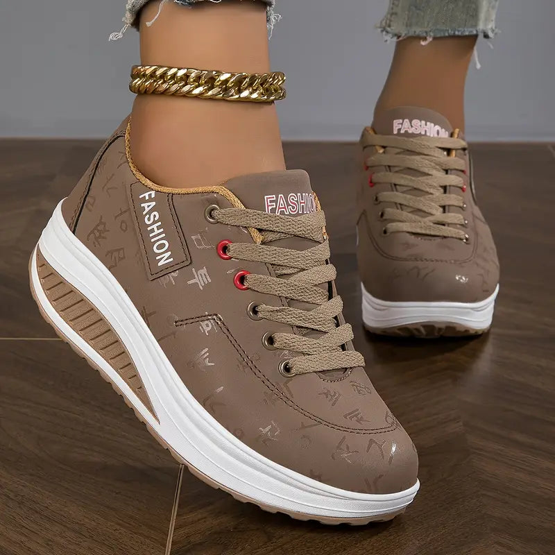 Baskets Femme Cuir Synthétique Semelle Compensée Lacets Minimalistes