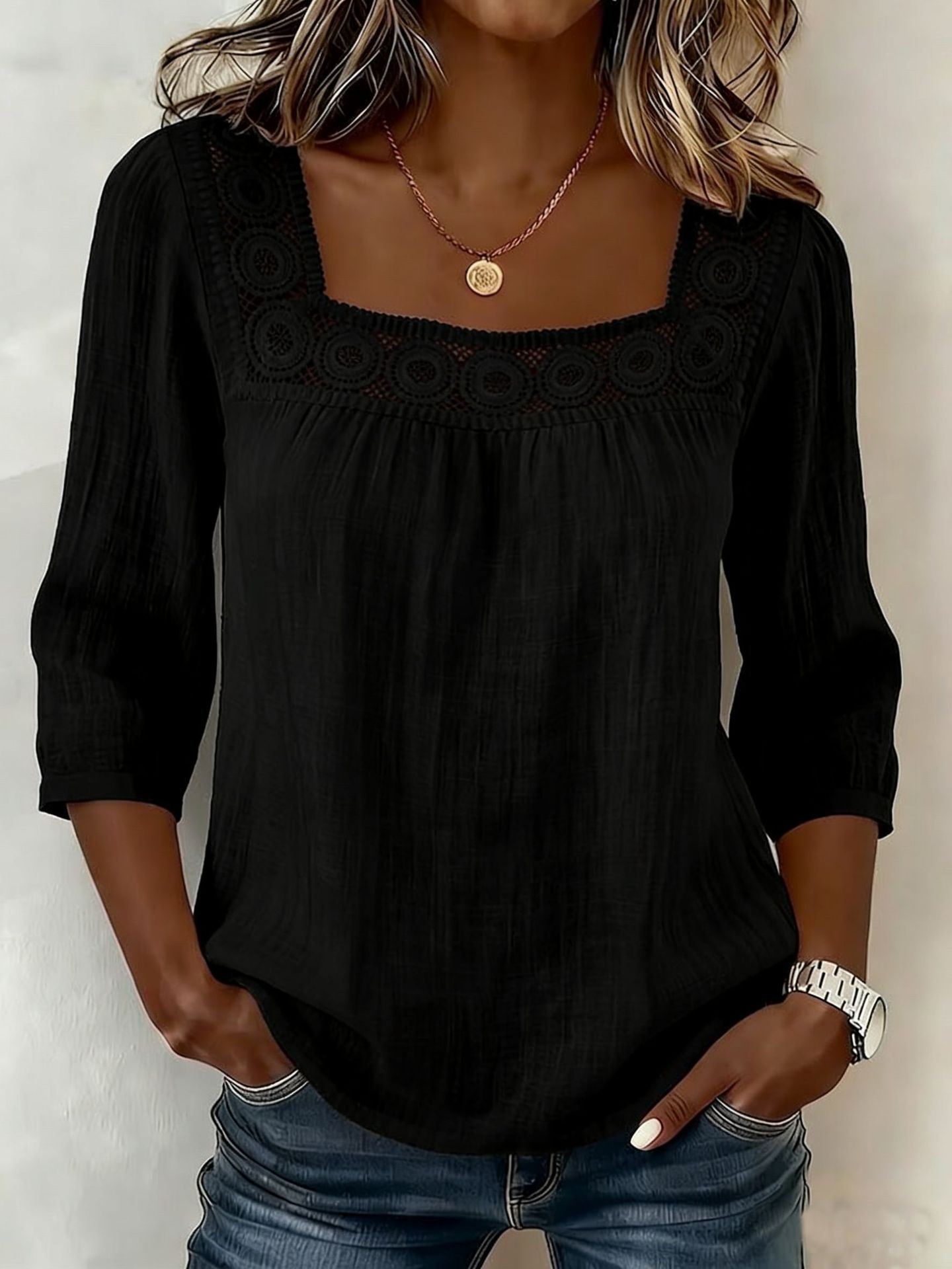 Blouse Femme Coton Lin Décolleté Carré Dentelle Raffinée