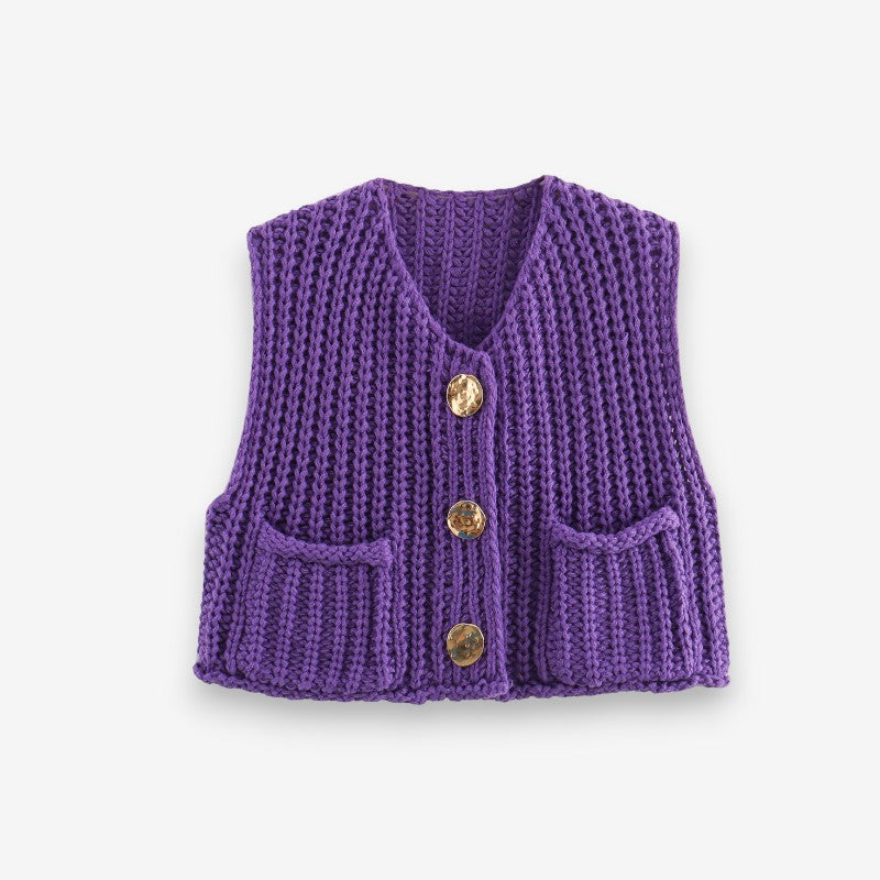 Gilet Femme Élégant Col V Boutons Dorés