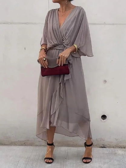 Robe Longue Femme Élégante en Soie Douce avec Encolure en V