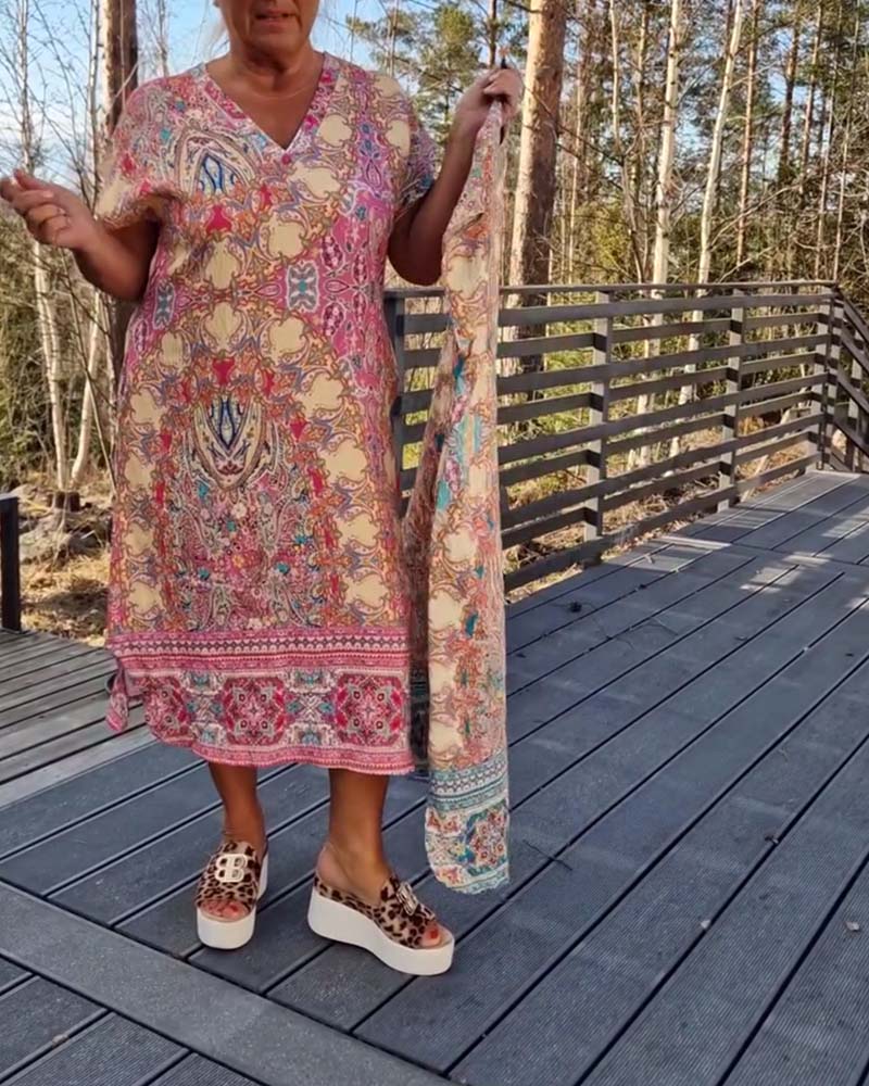 Robe Midi Femme Imprimée Col en V Coupe Droite
