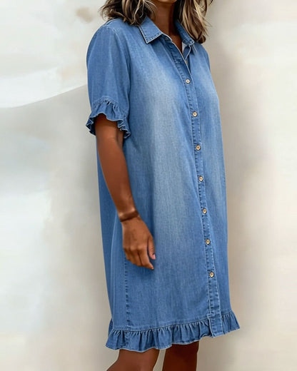 Robe Femme Denim Confortable Boutons et Volants