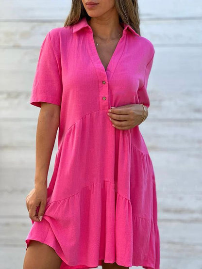 Robe Courte Femme Lin Coton Coupe Ample Col V Boutonnée