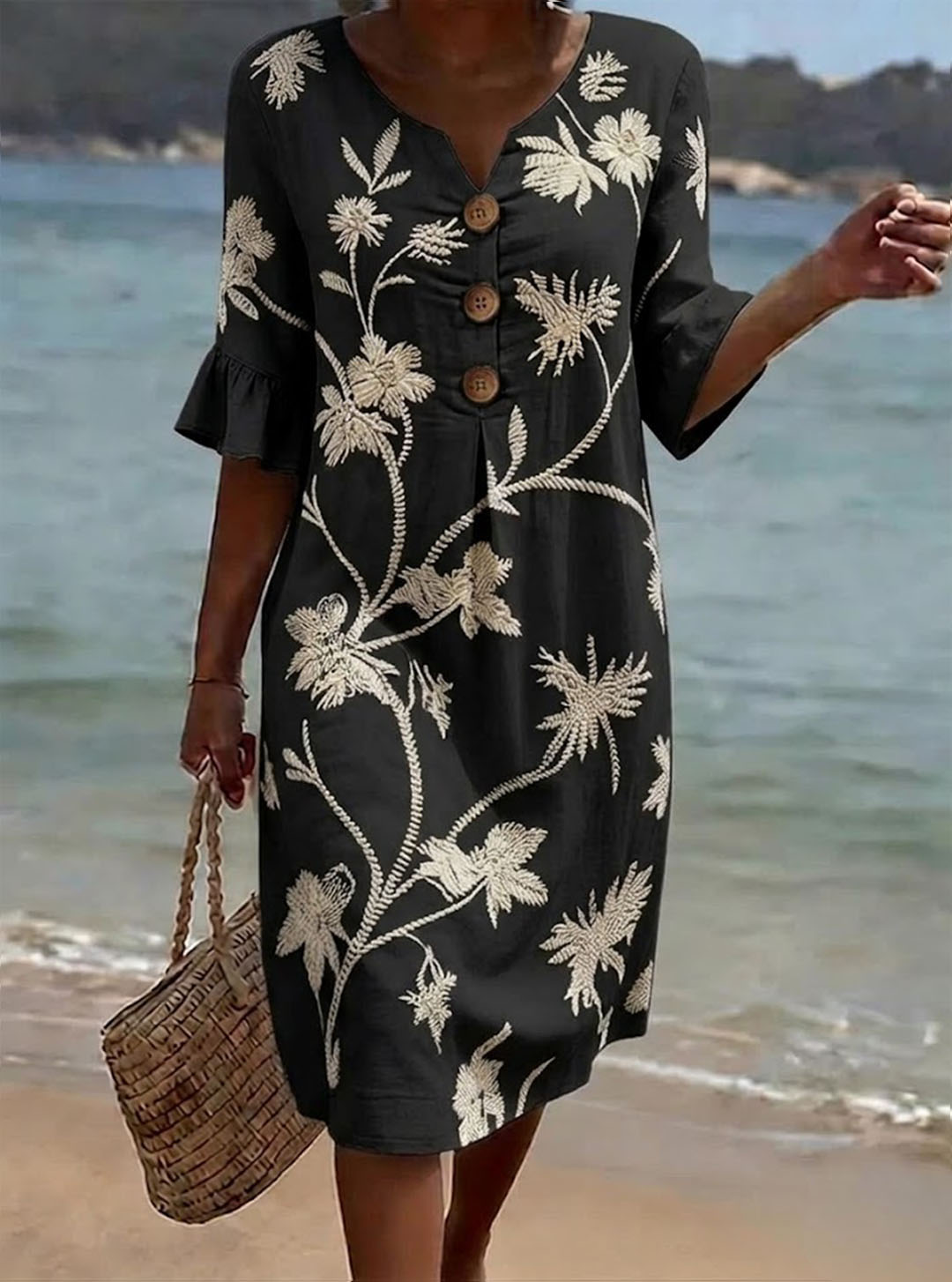 Robe Femme Coton Imprimé Floral Boutons Frontaux