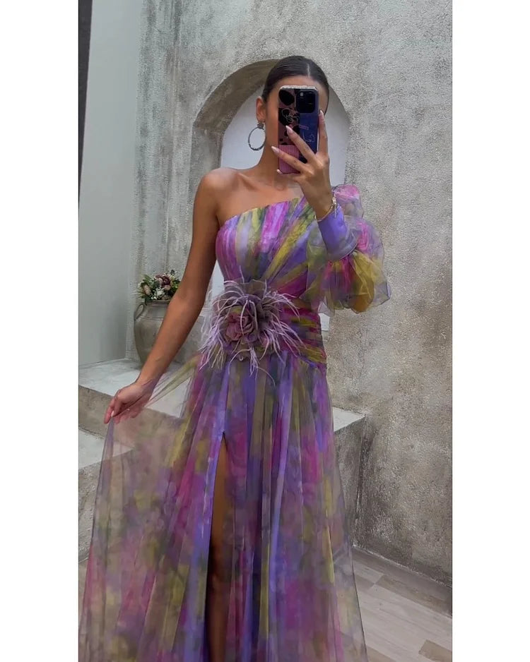 Robe Soirée Asymétrique en Longueur Maxi avec Fleur et Fente
