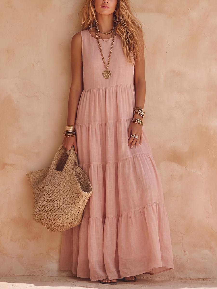 Robe longue Femme en Coton et Lin Sans Manches