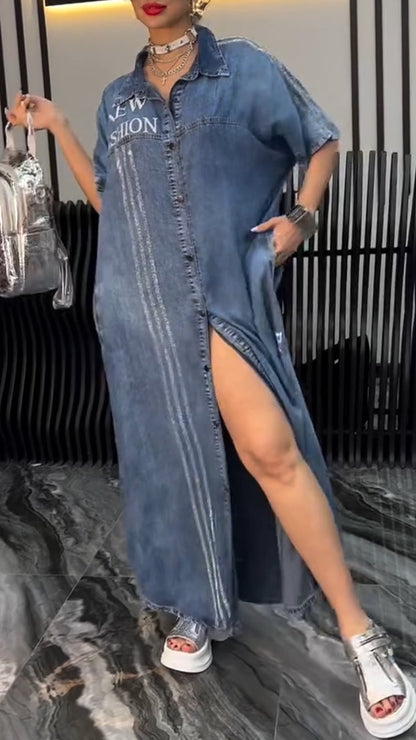 Robe Longue Femme Denim Tencel Boutonnée Coupe Décontractée
