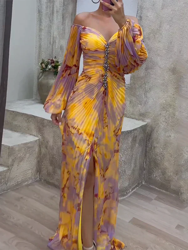 Robe Soirée Été Décolleté Off-Shoulder Imprimée Jaune Lilas