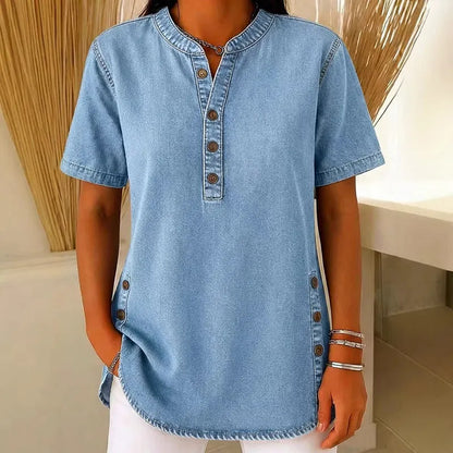 Tunique Femme Denim Léger Manches Courtes Boutons Décoratifs
