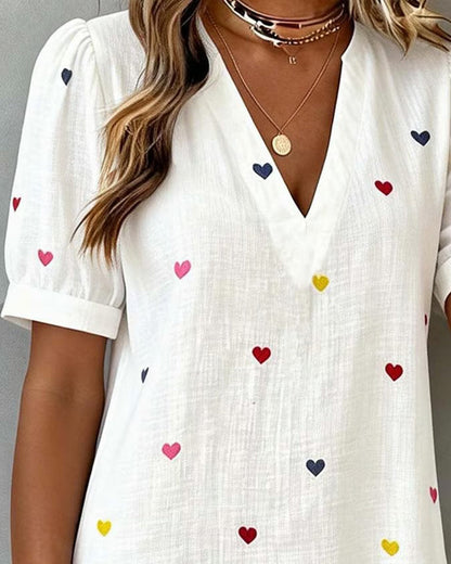 Robe Courte Femme Coton Lin Manches Bouffantes Col V