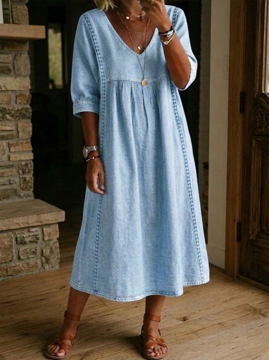 Robe Femme Denim Fluide Col en V Détails Dentelle Style Décontracté